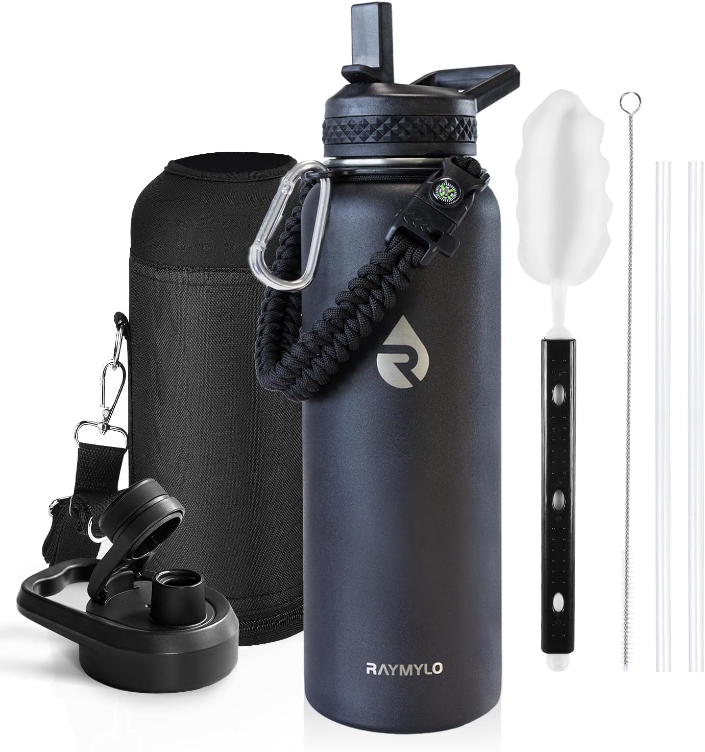 Insulated Water Bottle 40 oz, Triple Wall Vacuum Stainless Steel (Cold for 48 Hrs), Leak Proof & Non-BPA, Modern Water Flask Jug with Paracord Handle & Straw Spout Lids, Magic Black