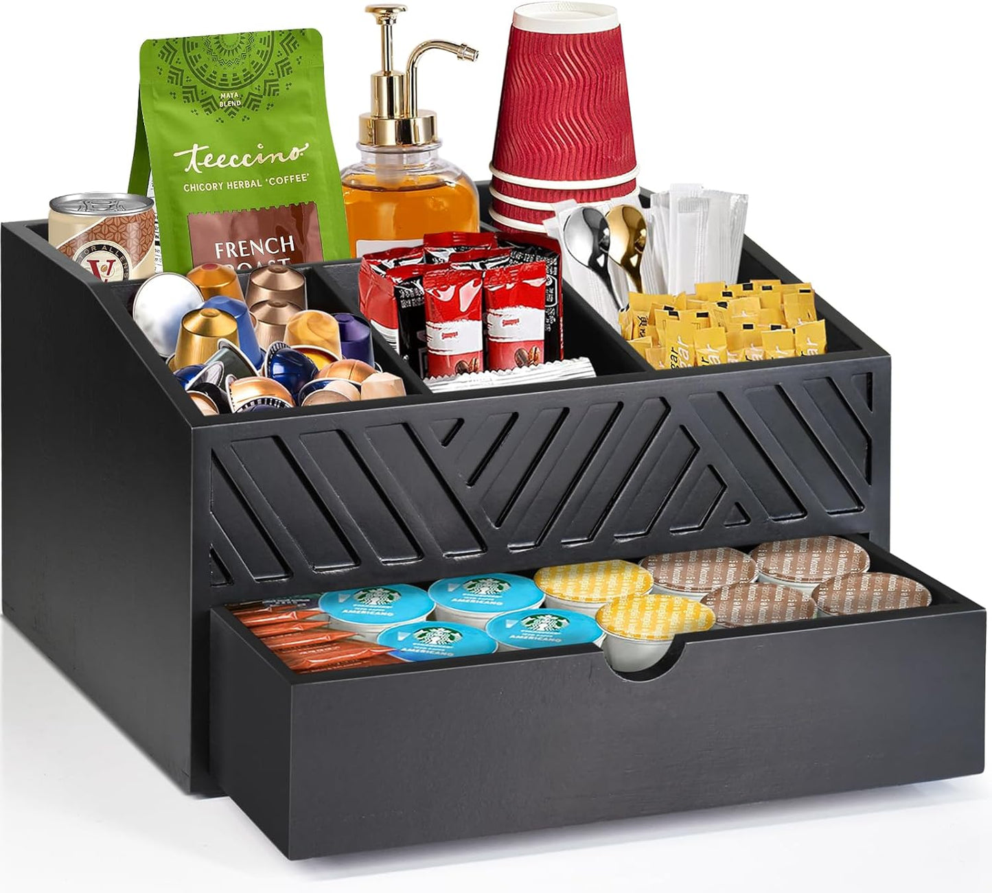 Farmhouse Coffee Bar Organizer - Wooden Countertop Station With Drawer, Pods Holder & Storage Basket