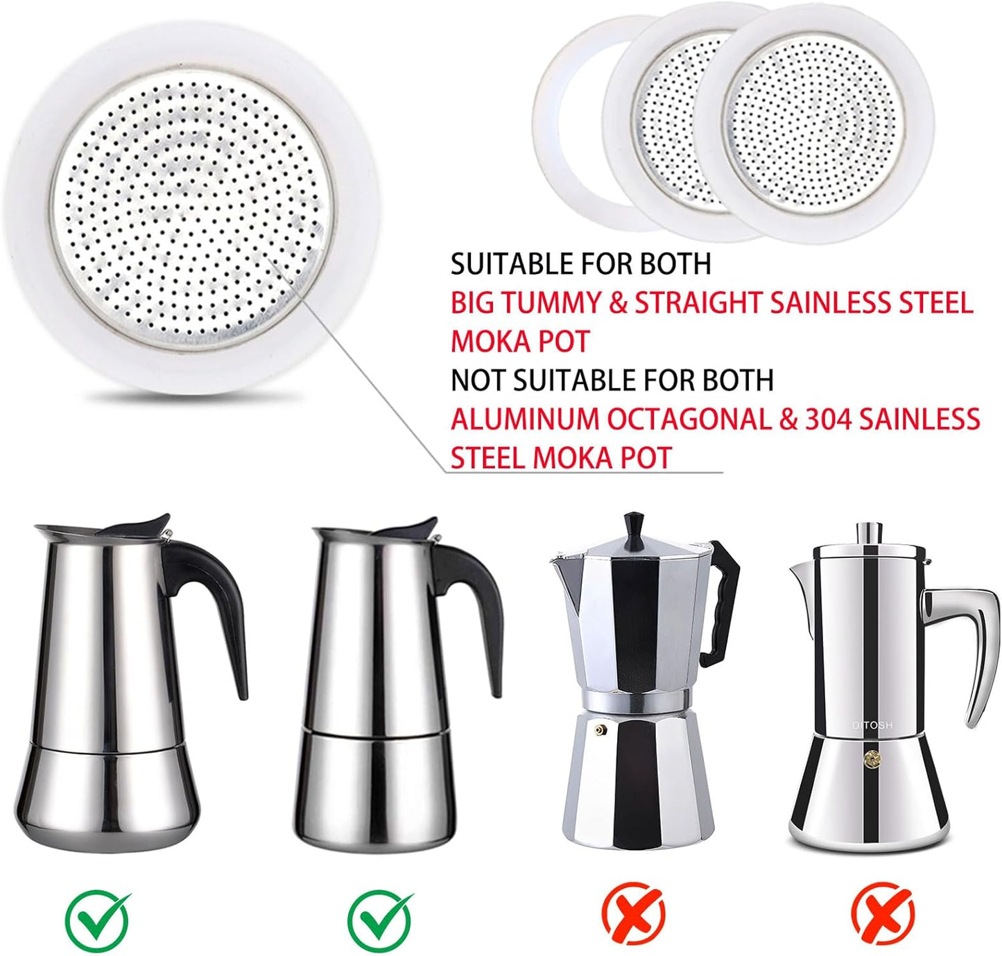 2Pcs Filter with 3Pcs Silicone Gasket Seals for 2 Cup Stovetop Espresso Coffee Maker Replacement Parts for Big Tummy and Straight Stainless Steel Moka Pot