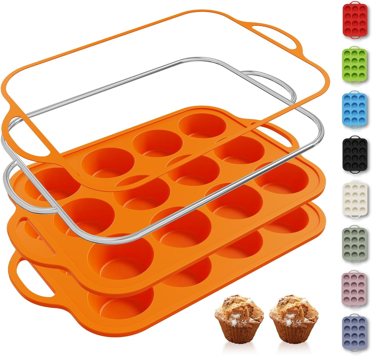 2 Packs 12 Cups Silicone Muffin Pan with Metal Reinforced Frame Regular Size Cupcake Pan Tray Egg Bites Silicone Cookie Molds Muffin Tin Tart Pans Baking Set for Easter Christmas holiday Cookie