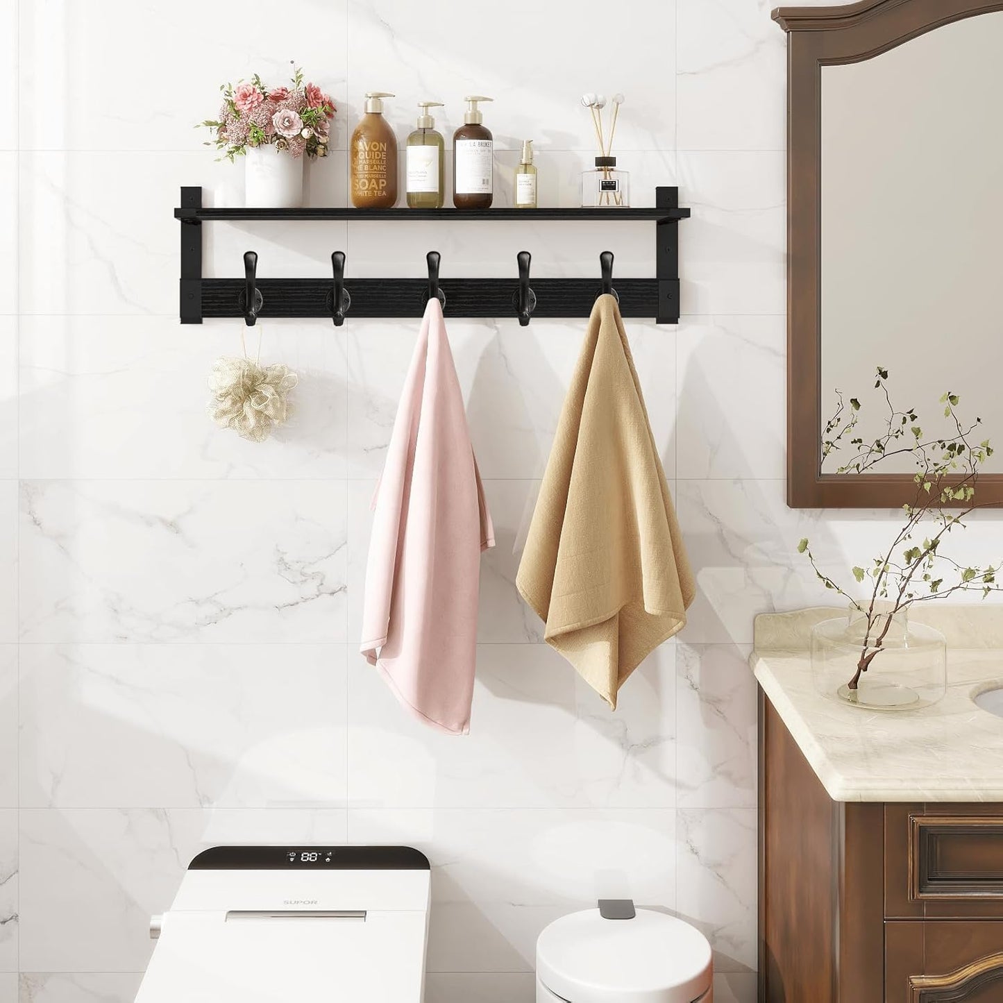 Homode Coat Hanger Wall Mount with Shelf, 29 in Hanging Rack with Storage, Entryway Shelf with Pegs for Hanging Coats, Hats, Towels, Purse, Robes, Black