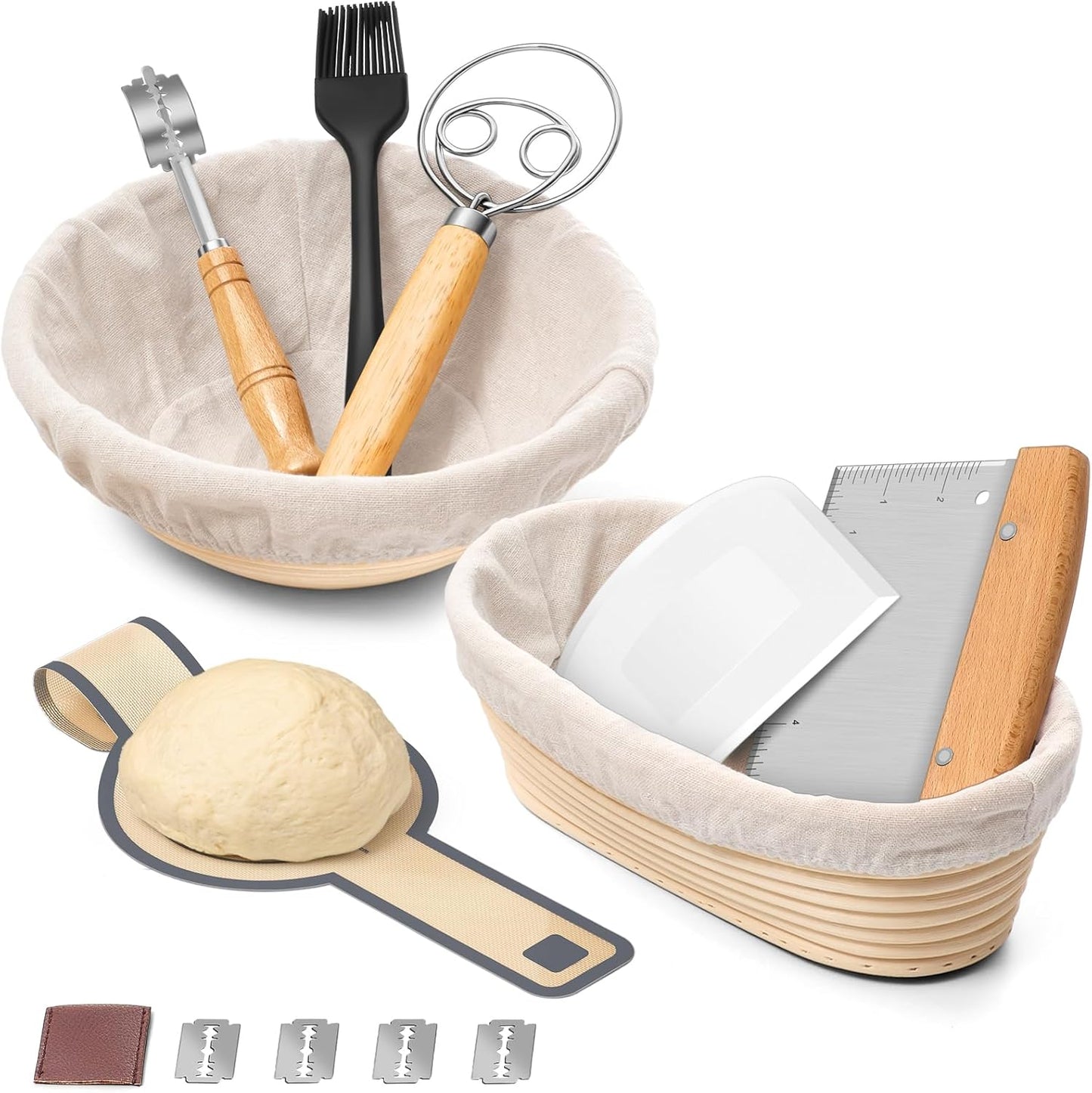 P&P CHEF Sourdough Bread Baking Supplies, 9” Round & 10” Oval Sourdough Proofing Baskets Starter Kit, Bread Making Tool Set with Cloth Liner Bread Lame Scraper Brush Dough Whisk