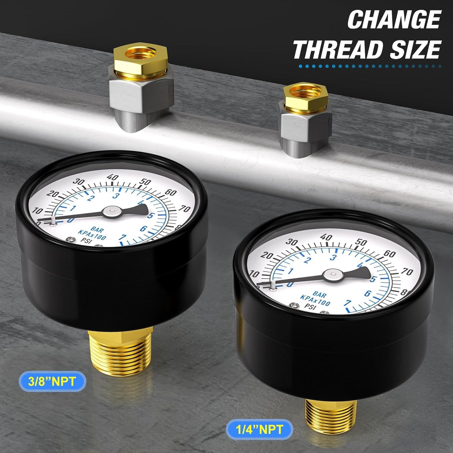 MEANLIN MEASURE 0-100Psi 2" DIAL FACE 1/8" NPT Well Pump Pressure Gauge, with 1/4" NPT and 3/8" NPT Hex Bushing, 3-2-3% Accuracy, Center Back Mount