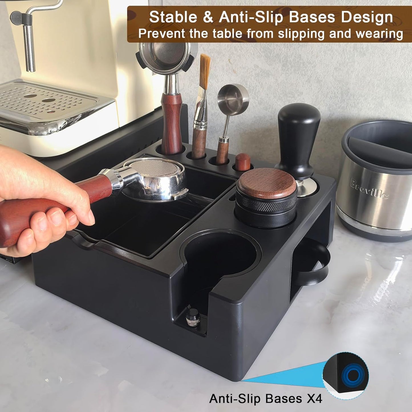 Espresso tamping station knock box,tamper station,Espresso station fit for storage 51-58mm tamper,distributor,portafilter,puck screen accessories,9 in 1 espresso knock box and tamper station