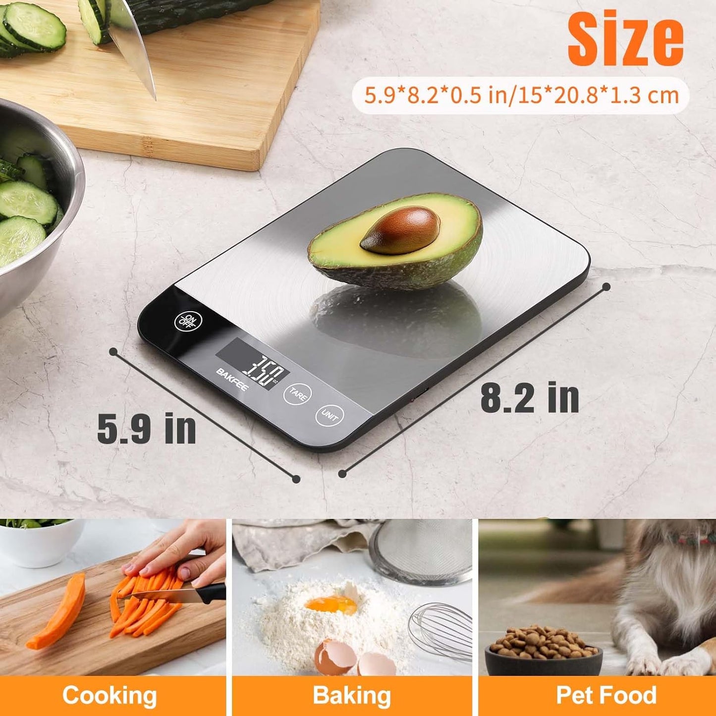 33lb Digital Kitchen Scale, Food Scale Rechargeable with Stainless Steel, Grams and Ounces, USB Charging, 1g High Accuracy for Baking, Cooking, Food BK806