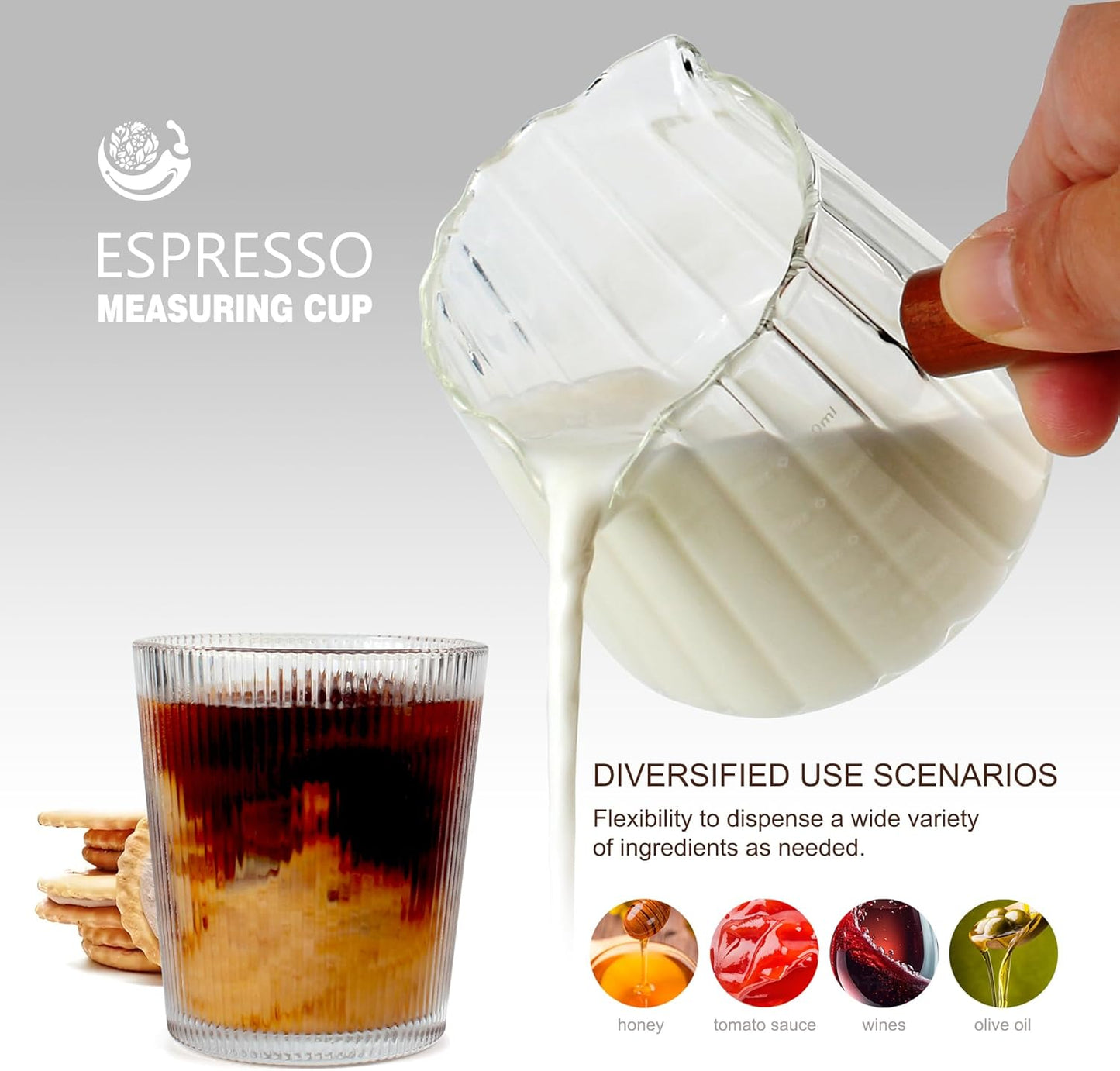 Double V-Spout Espresso Shots Cup (6OZ) with Wooden Handle - Left & Right Handed | Milk Frothing Pitcher & Measuring Cup | Espresso Accessories Set with Bonus Walnut Stirrer