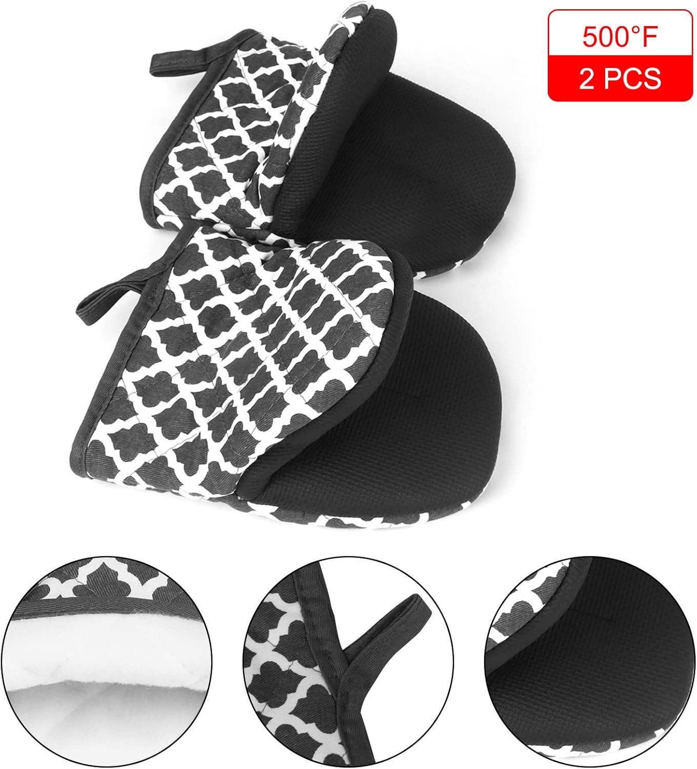 1 Pair Short Oven Mitts, Heat Resistant Silicone Kitchen Mini Oven Mitts for 500 Degrees, Non-Slip Grip Surfaces and Hanging Loop Gloves, Baking Grilling Barbecue Microwave Machine Washable