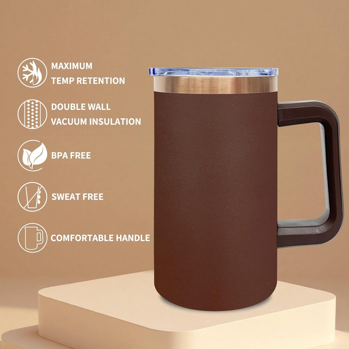 20 oz Insulated Coffee Mug with Lid, Stainless Steel Coffee Tumbler Bulk, Double Wall Vacuum Travel Mug with Handle, Leakproof Powder Coated Coffee Cups for Hot and Cold Drinks (Brown,1 pack)