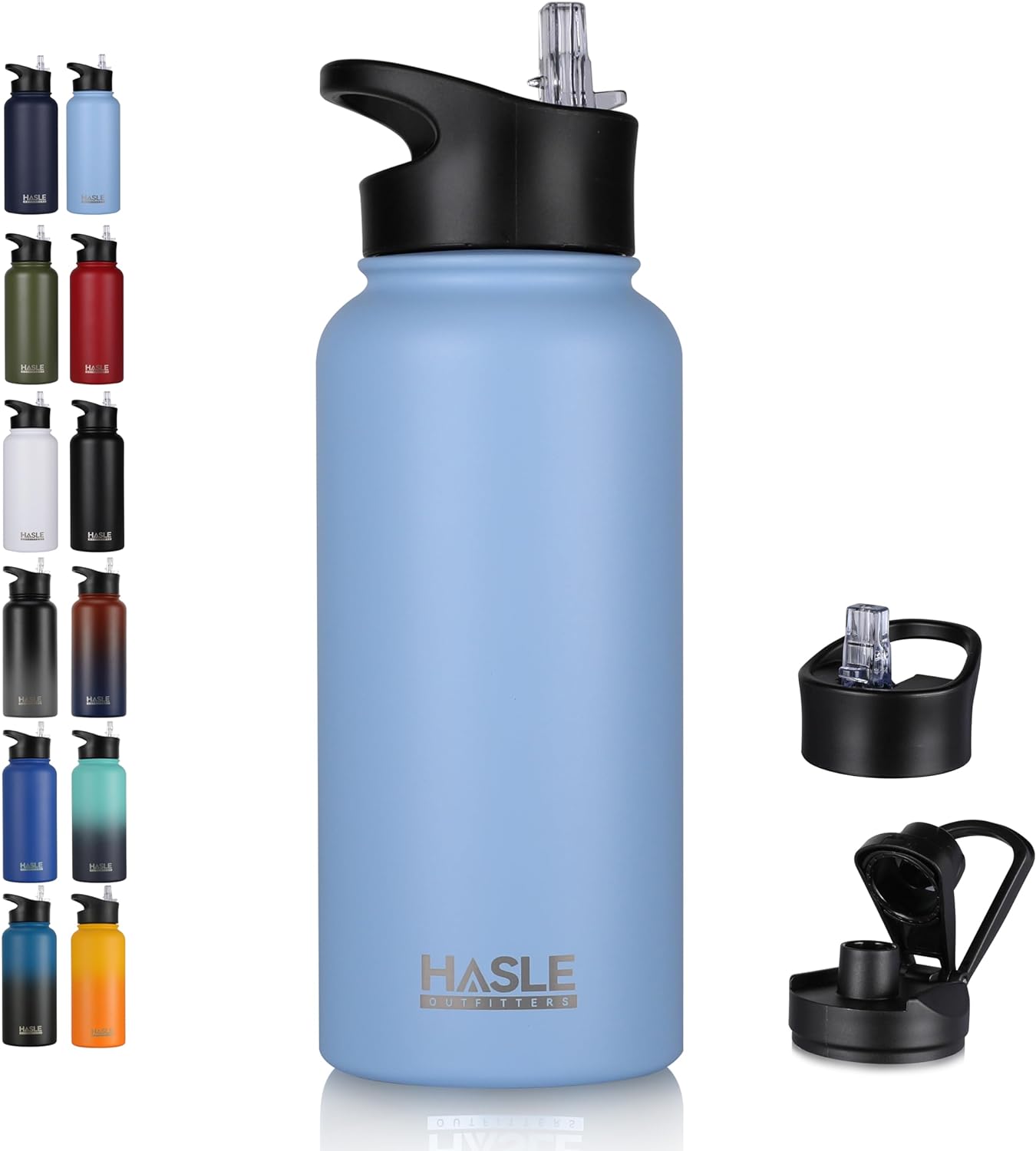 HASLE OUTFITTERS 32 oz Insulated Water Bottle Stainless Steel Double Walled Vacuum Sports Water Bottle with 2 Lids (Straw and Spout Lid) for Gym Camping Hiking（Blue,1)