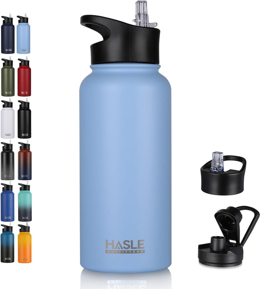 HASLE OUTFITTERS 32 oz Insulated Water Bottle Stainless Steel Double Walled Vacuum Sports Water Bottle with 2 Lids (Straw and Spout Lid) for Gym Camping Hiking（Blue,1)