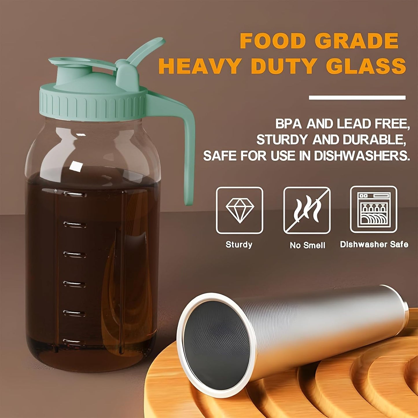 Cold Brew Coffee Maker Pitcher, 32 oz Thick Glass Mason Jar Spout Lid with Handle & Stainless Steel Filter for Iced Brew Coffee, Ice Lemonade, Sun Tea, Fruit Drinks Container