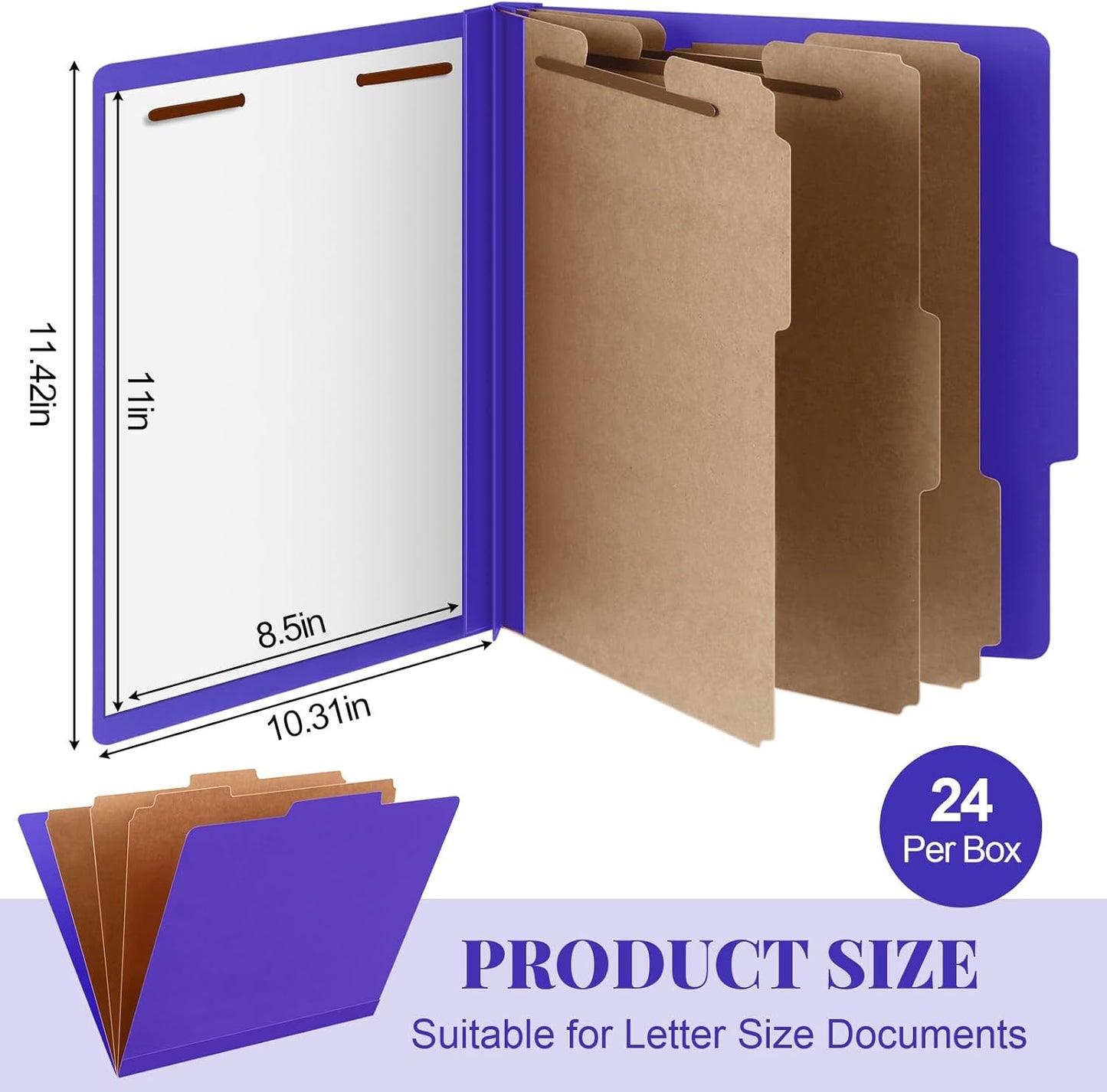 24 Pcs Classification Folders Letter Size, Back to School Supply for Teacher, Student, 3 Dividers Pressboard File Folder Bulk with 2 Fasteners, 3.5 Inch Expanding File Organizer (Purple)