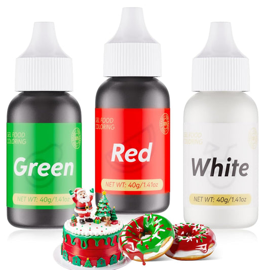 Gel Food Coloring for Cake Decorating - 3 Concentrated Assorted Food Color Edible Christmas Red Green White - Food Grade Dye for Easter Eggs Fondant Cookies Frosting Royal Icing Baking - 40g/Bottle