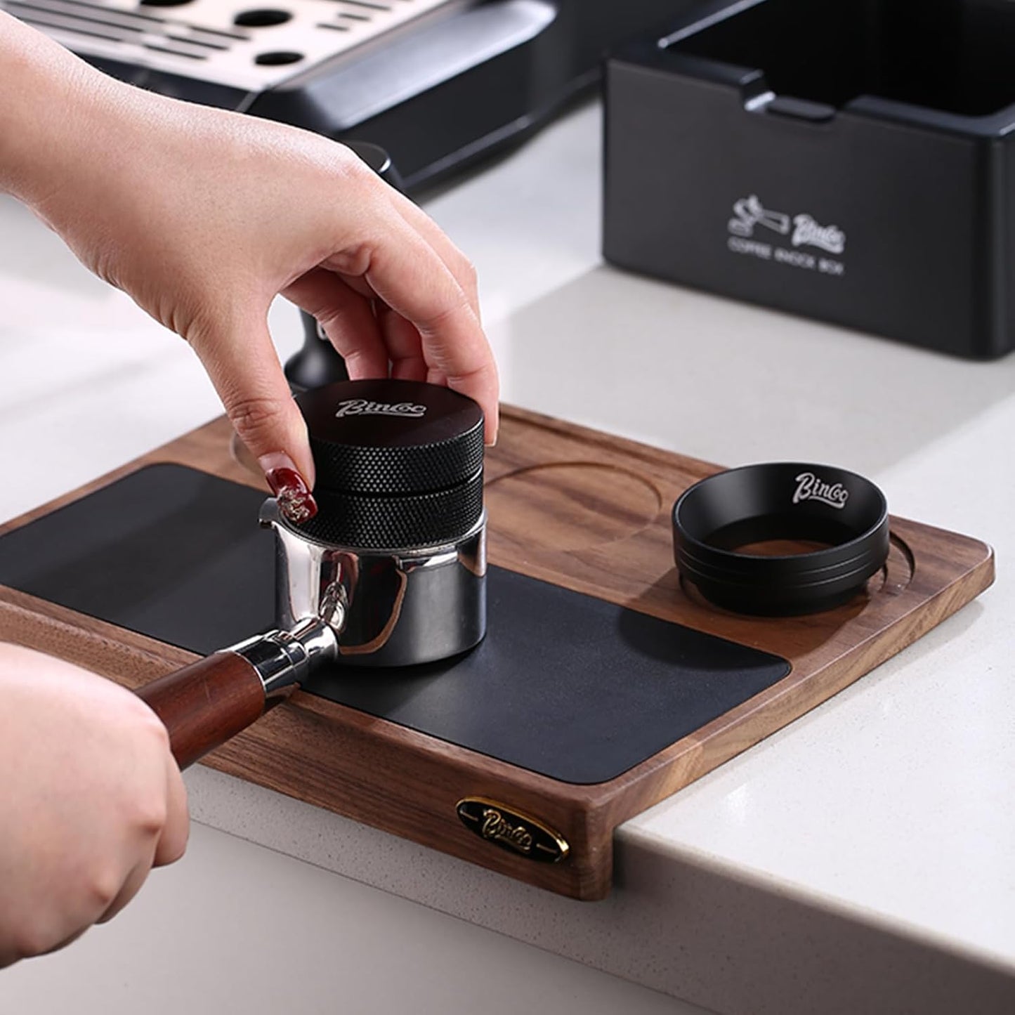 Bincoo Wooden Corner Coffee Tamper Mat,Espresso Tamper Station,Suit for 51-58mm Coffee Tamper Holder Pad for Baristas Protect Your Worktop(Wood 3 hole)