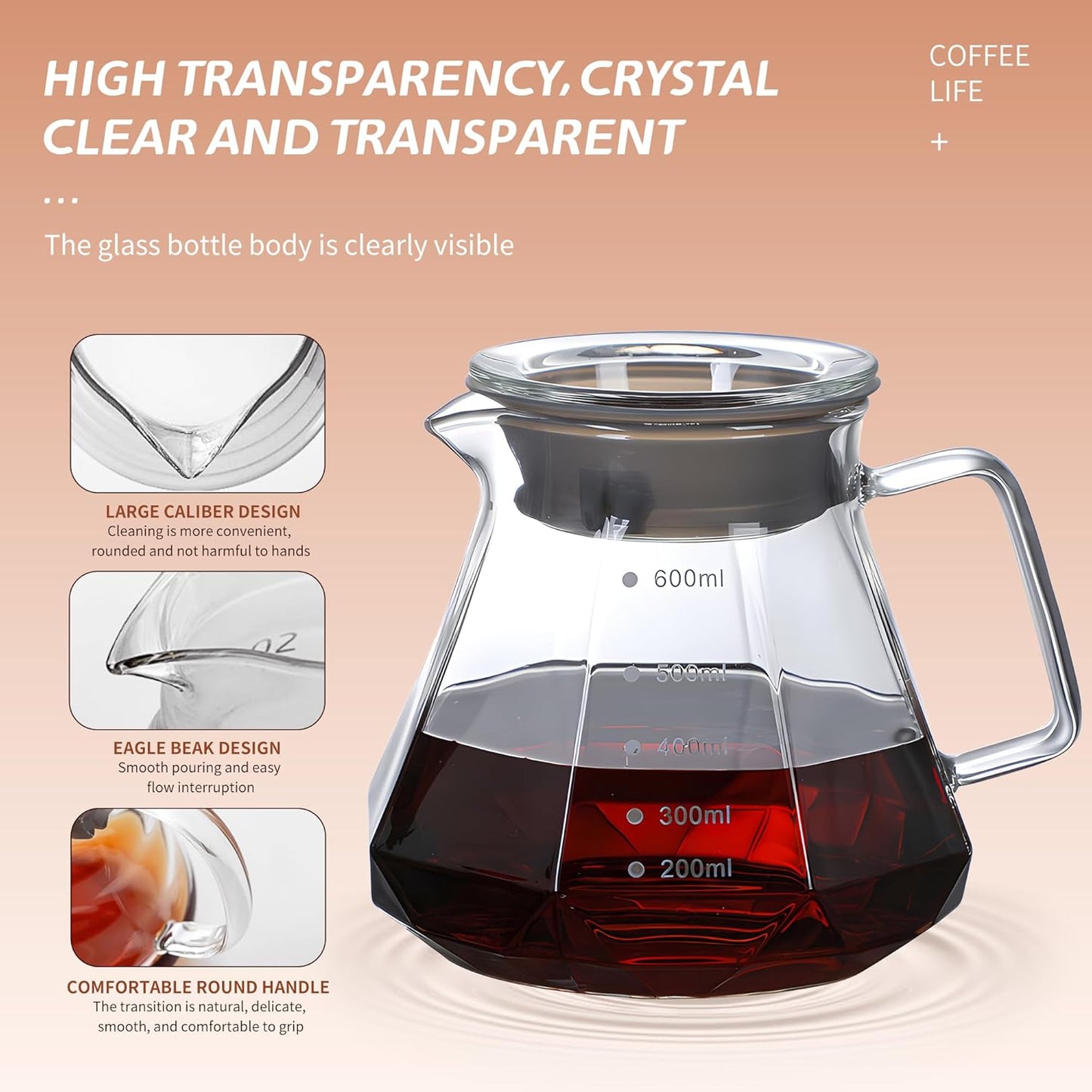 Glass Coffee Server for Drip Coffee Maker, Standard Glass Coffee Carafe, Coffee Pot with Lid, Clear, 03 800ml(27oz)