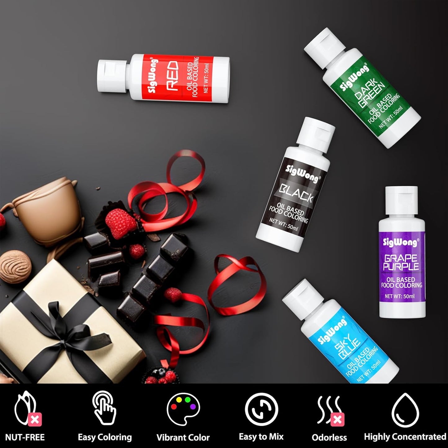 Oil Based Food Coloring for Chocolate - 50ml Black Upgraded Edible Oil Based Food Dye for Cake Decorating, Baking, Candy Melts, Cookie, Icing Frosting, Fondant, Meringues - 1.69 Fl.Oz Bottles