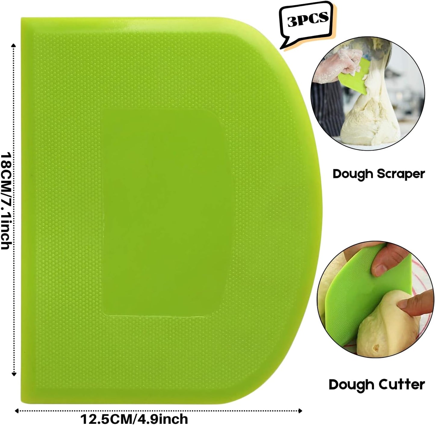 SURDOCA Dough Scraper Bench Scraper - 3P 7.1x4.9" Plastic Flexible Bowl Scraper, Sharp Edge & Angles Cake Scraper. Non-Slip Bakeware Decorating Tools Sculpting & Modeling Tools - Pure Green