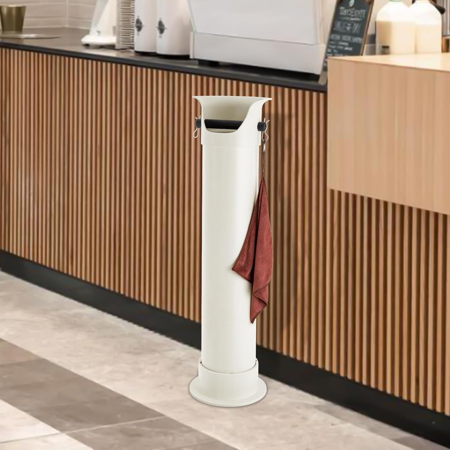 Espresso Coffee Knock Box, Commercial Knock Box for Espresso Coffee Grounds, Floor Standing Coffee Knock Box with 30pcs Garbage Bags and Towel (White)