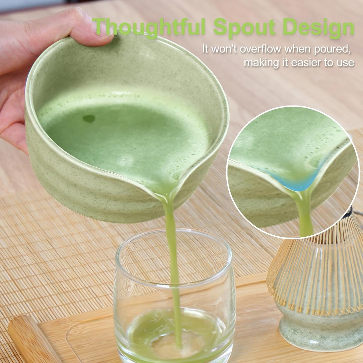 Green Matcha Whisk Making Set - Japanese Tea Kit with Whisk Bowl and Bamboo Scoop Ceramic Chawan with Spout for Traditional Tea Ceremony Complete Matcha Making Tools Gift for Tea Lovers (Green, 5 PCS)