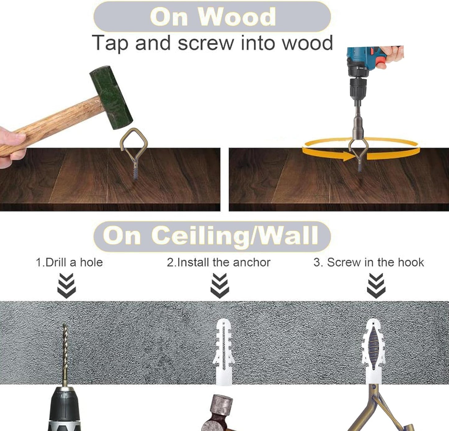 20PCS Eye Screw Hooks for Hanging Heavy Duty with Safety Buckle.Metal Ceiling Hooks for Hanging Plants,Cup,Wind Chime,Bird Feeders,String Lights at Indoor&Outdoor,2.36 Inch(No Drill Bit)