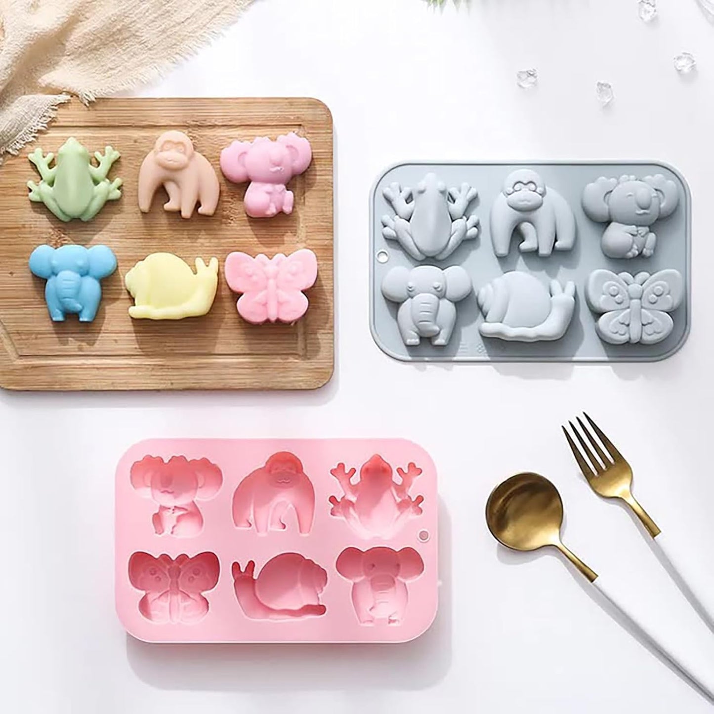 Animal Chocolate Mold Set - Food-Grade Silicone Baking Molds with Frog, Elephant, Monkey, Snail & Butterfly, Reusable for Kids Birthday Cakes, Jungle Party Treats & DIY Crafts - 2 Pack