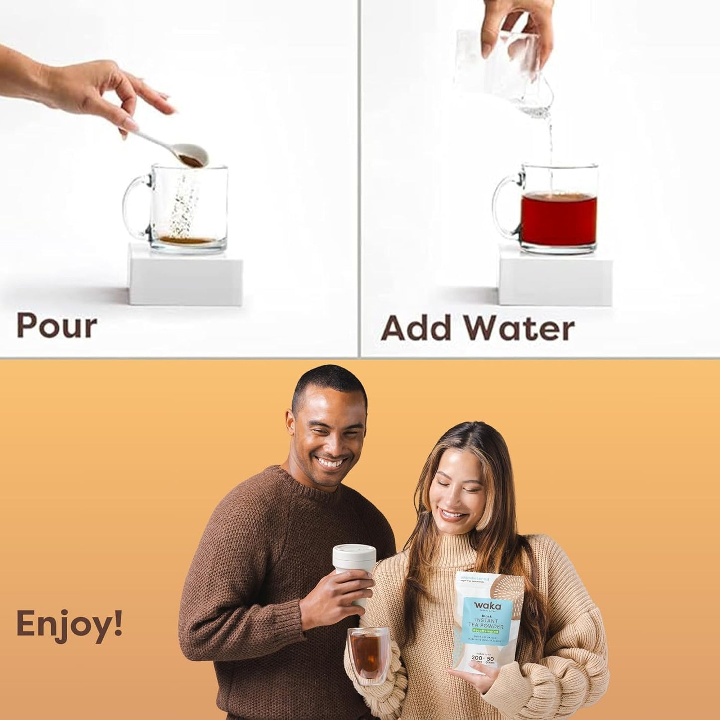 Waka Instant Black Tea Mix Pouch, Decaffeinated - 100% Tea Leaves, No Additives, Unsweetened Tea Powder for 50 Quarts or 200 Cups – Easy Quick Hot and Iced Teas (4.5oz)