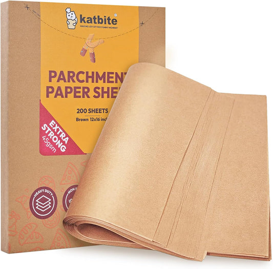 Katbite 200Pcs 12x16 In Unbleached Parchment Paper for Baking, Precut Parchment Paper Sheets, Heavy Duty Flat Baking Paper, Half Sheet Baking Sheets for Baking Cookies, Cooking, Air Fryer, Oven