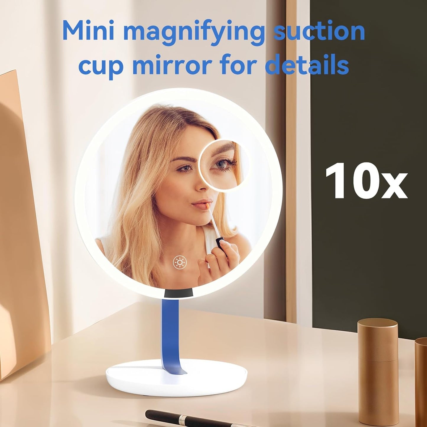 9.65-inch Lighting Makeup Mirror, 1x / 10x,Touch Control,3-Color Adjustable,Metal Stand,up and Down Adjustable Makeup Mirror, High Color Rendering, Eye-Protecting Light Source,Ultramarine