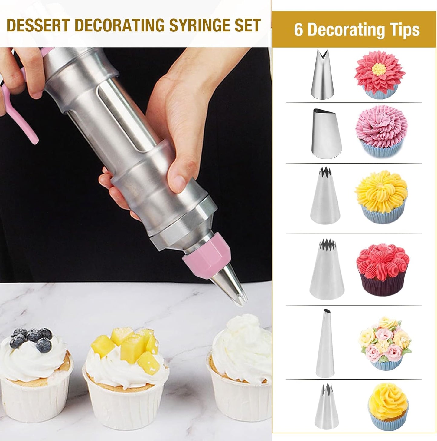 Dualshine Pink Cake Decorating Kit - 6 Russian Piping Icing Nozzles, 3 Cream Scrapers, Stainless Steel Cupcake Frosting Filling Injector