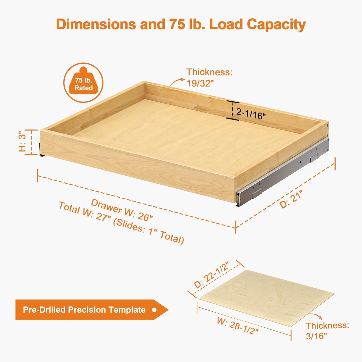 ALINE FURNITURE Pull Out Drawers for Cabinets Birch Wood, 27" W X 21" D Soft Close Slide Out Drawer for Kitchen Cabinets, Pull-out Shelves, Sliding Shelf for Pantry Cabinet Organizer