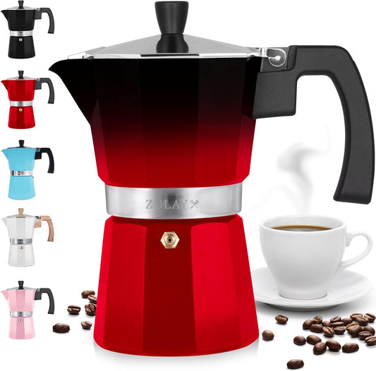 Zulay Kitchen Stovetop Espresso Maker - Moka Pot 5.5 Espresso Cups - Percolator Coffee Maker for Classic Cuban & Italian Style Espresso - Portable Coffee Maker for Camping & Travel - (Black/Red)