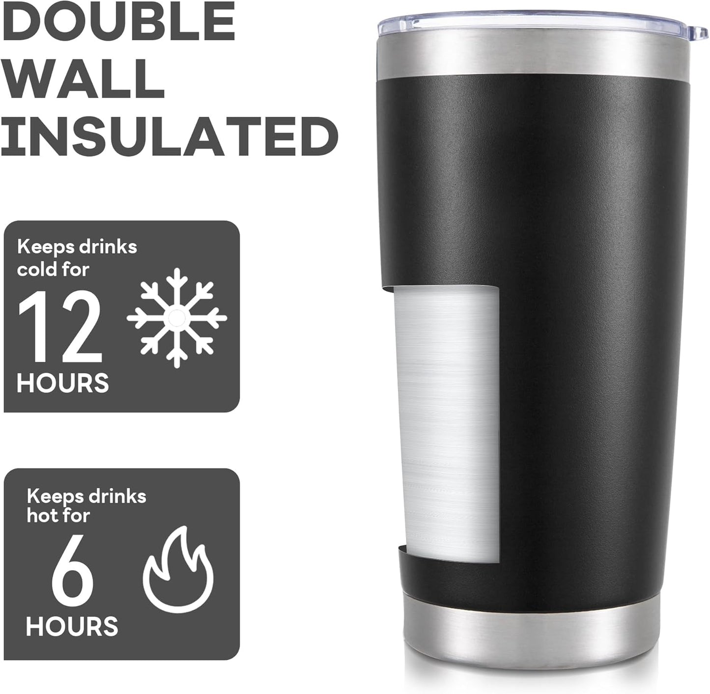 20 oz Tumbler with Lid Stainless Steel Double Wall Vacuum Insulated Tumblers Powder Coated Cups Travel Mug Keep Drinks Cold and Hot, Black