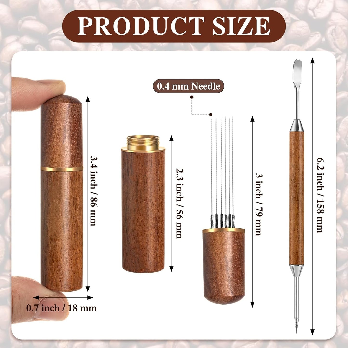 Espresso Coffee Stirrer 6 Needles, Espresso Distribution Tool with Natural Wood Handle and Base, Stainless Steel Latte Art Pen Barista Tools Espresso Accessories Kit for Home Cafe