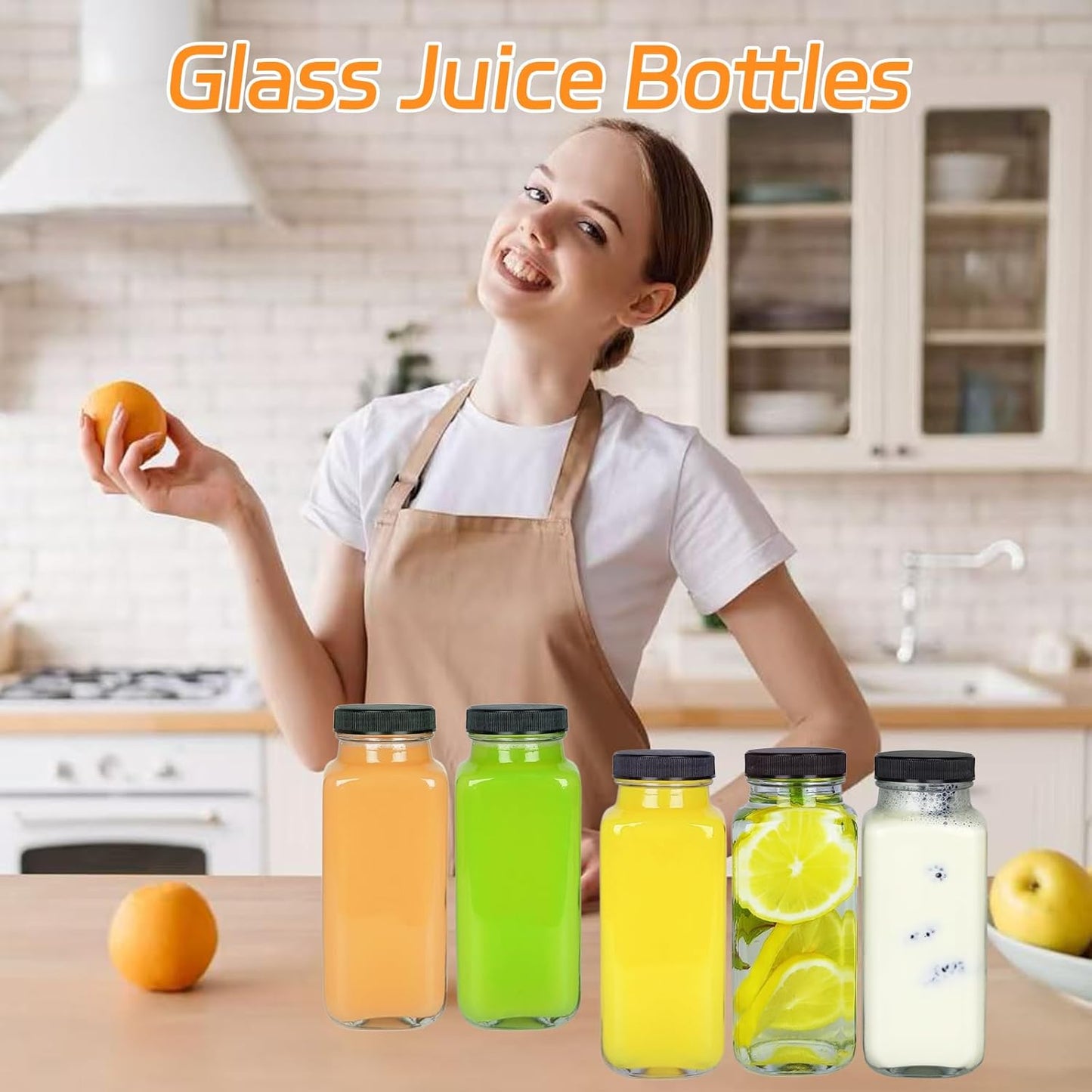 6 Pack 8oz Glass Juice Bottles with Lids, 250ml Reusable Glass Juicing Bottles, Square Drinking Jars Drink Containers with Caps for Water, Milk, Ginger, Kombucha, Beverages