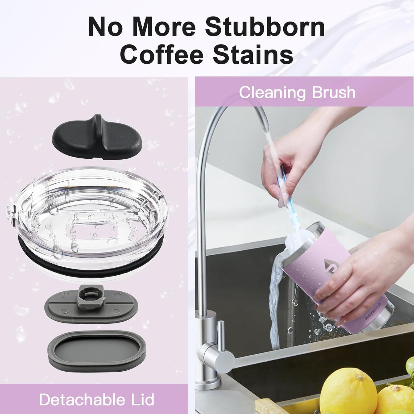 20 oz Coffee Tumbler - Insulated Stainless Steel Travel Mug for Hot/Cold, Spill Proof with BPA-Free Detachable Lid, Coffee Cup Fits Most Car holder, Includes Chic Stickers, Light Purple