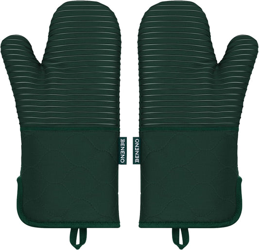 Beneno Kitchen Oven Mitts 2-Pack Heat Resistant to 500°F with Non-Slip Silicone Grip, Extra Long 14.3" Forearm Protection, Soft Quilted Cotton Terry Lining, Ideal for Cooking, Baking, Grilling, Green