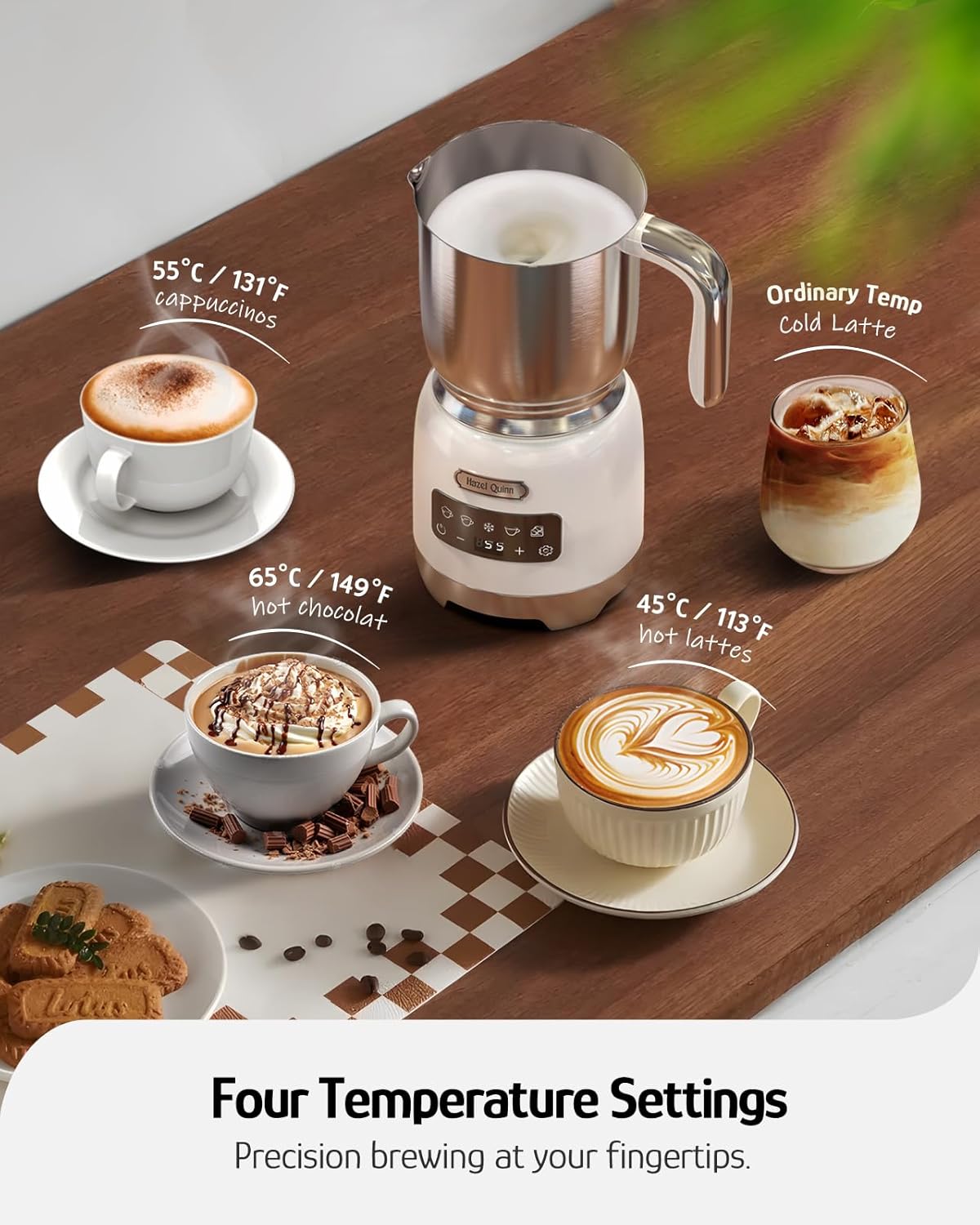 Hazel Quinn Milk Frother - Hot and Cold Detachable Milk Frother with Adjustable Temperature & Foam Thickness, Dishwasher Safe, for Latte/Cappuccino/Hot Chocolate, 400ML (13.5oz) - Pearl White