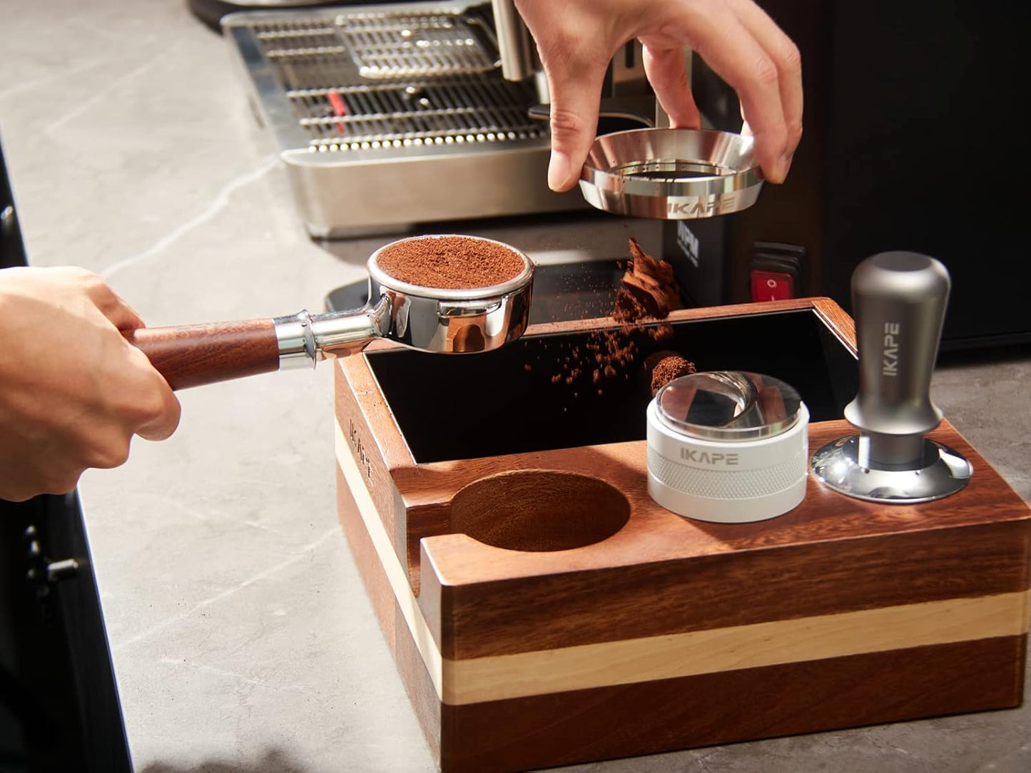 IKAPE 58.5mm Espresso Tamper, Premium Barista Coffee Tamper with Calibrated Spring Loaded, 100% Stainless Steel Base Tamper Compatible with Espresso Machine Rancilio, Gaggia Bottomless Portafilter