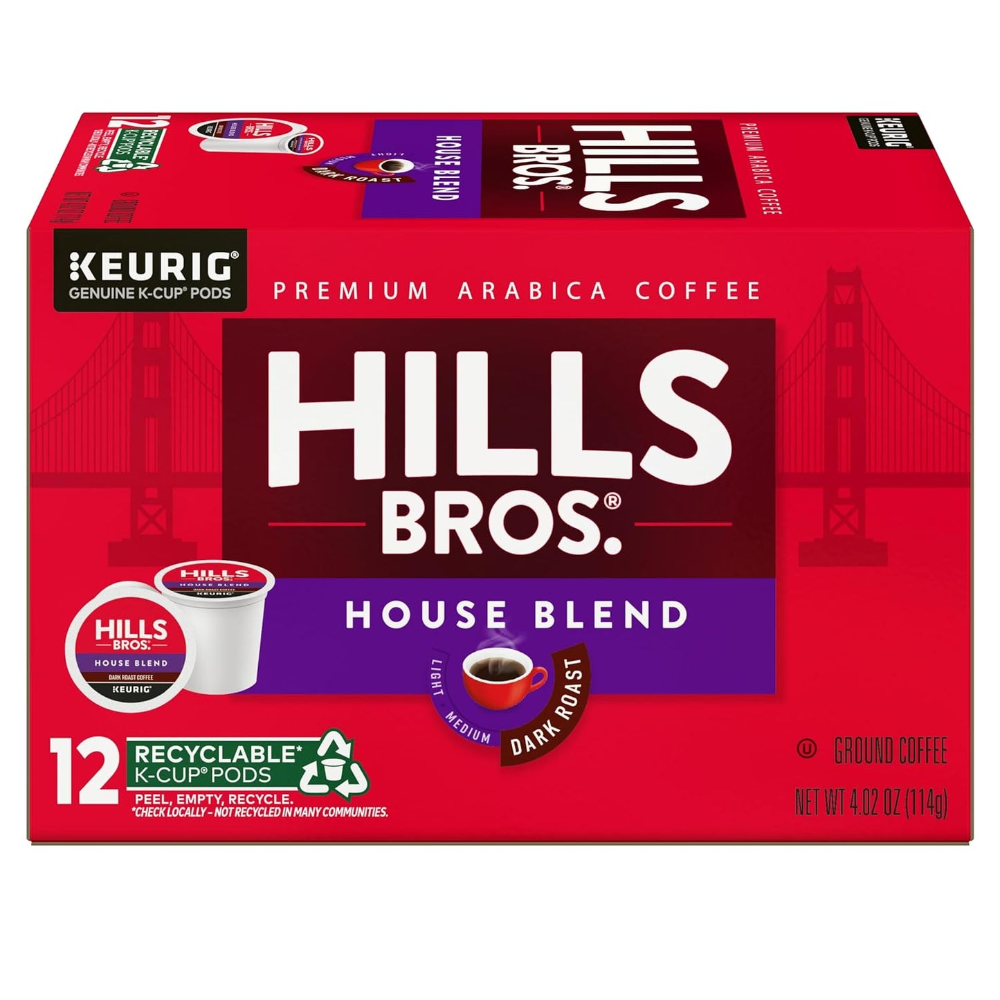 Hills Bros. House Blend Keurig K-Cup Pods for Keurig Brewers – Dark Roast Premium Arabica Blend, Kosher – 1 Pack of 12 Single Serve Pods