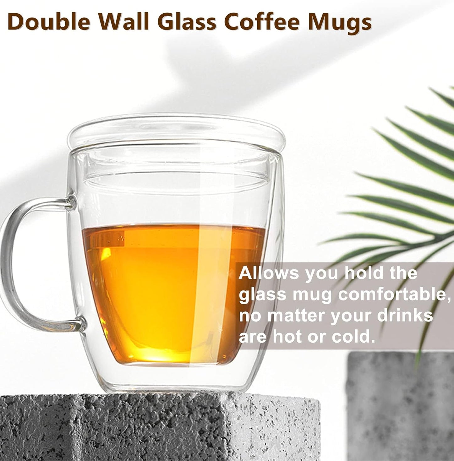Insulated Espresso Cups - 16 oz Double Wall Glass Mugs With Handle and Lid - Cold & Heat Resistant - Perfect for Coffee, Tea, Milk, Wine