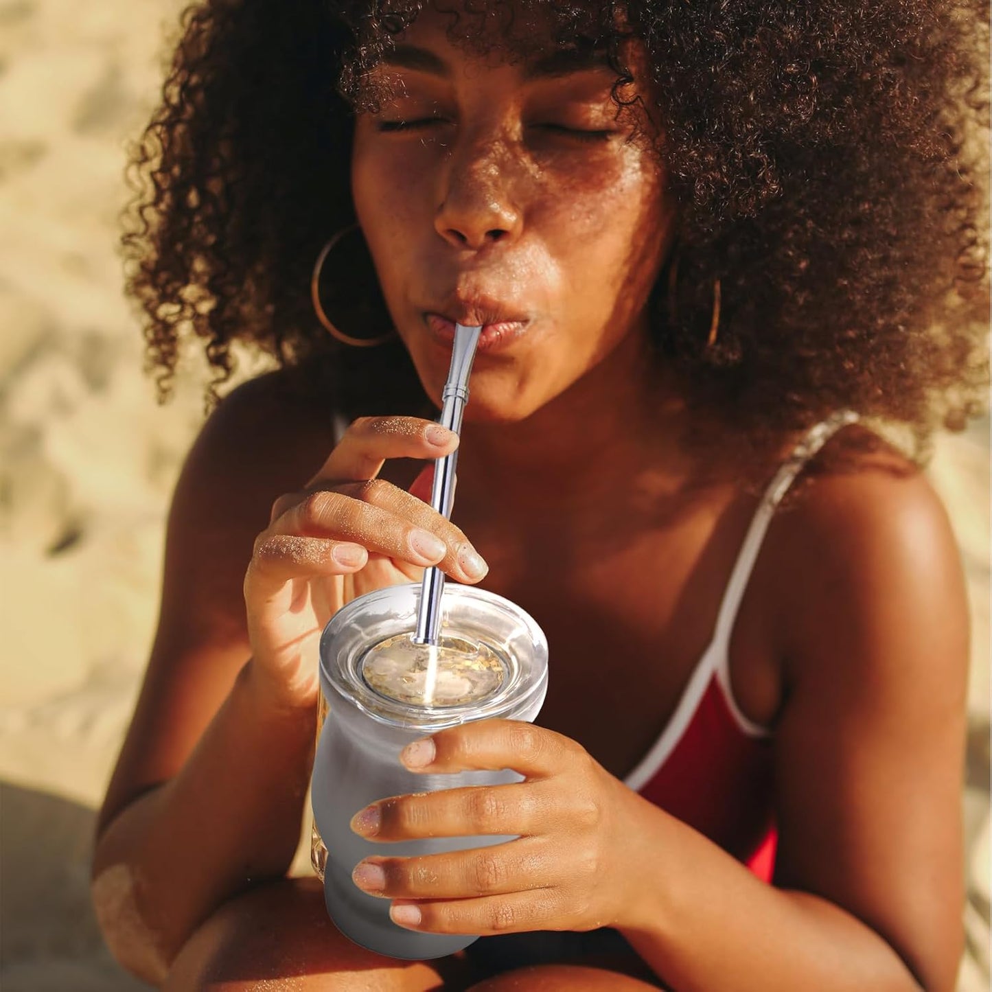 Beruth Bombilla Yerba Mate Gourd, 8oz Stainless Steel Tea Cup Set with Lid, Two Straws and Cleaning Brushes, Double Walled Coffee Mug Heat Insulation Anti Scalding （Bright Silver）