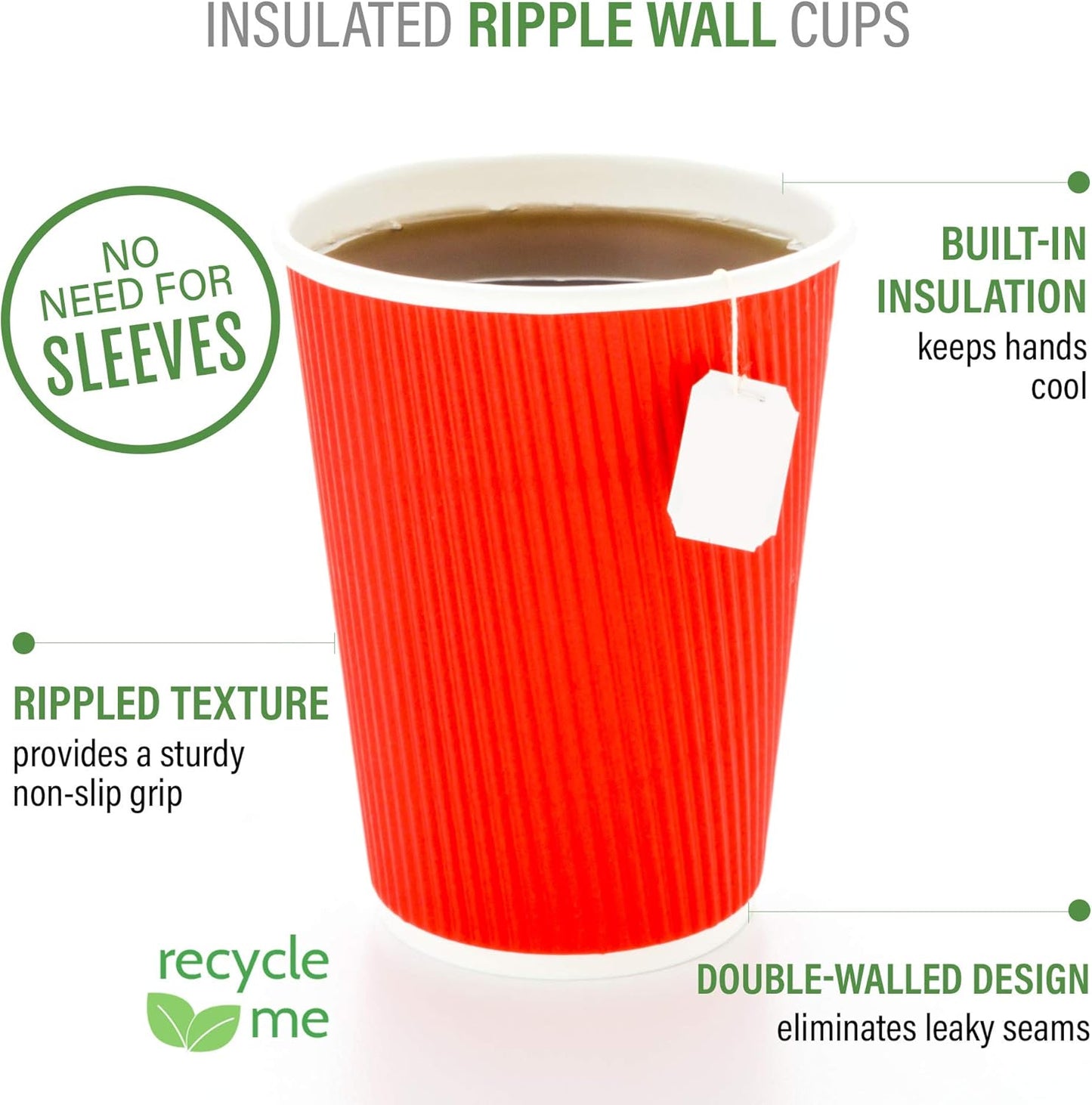 Restaurantware 16 Ounce Ripple Wall Disposable Coffee Cups, 500 Insulated Red Paper Tumblers with Rolled Rim Design, Lids Sold Separately for Hot Drinks like Tea, Hot Chocolate, and More