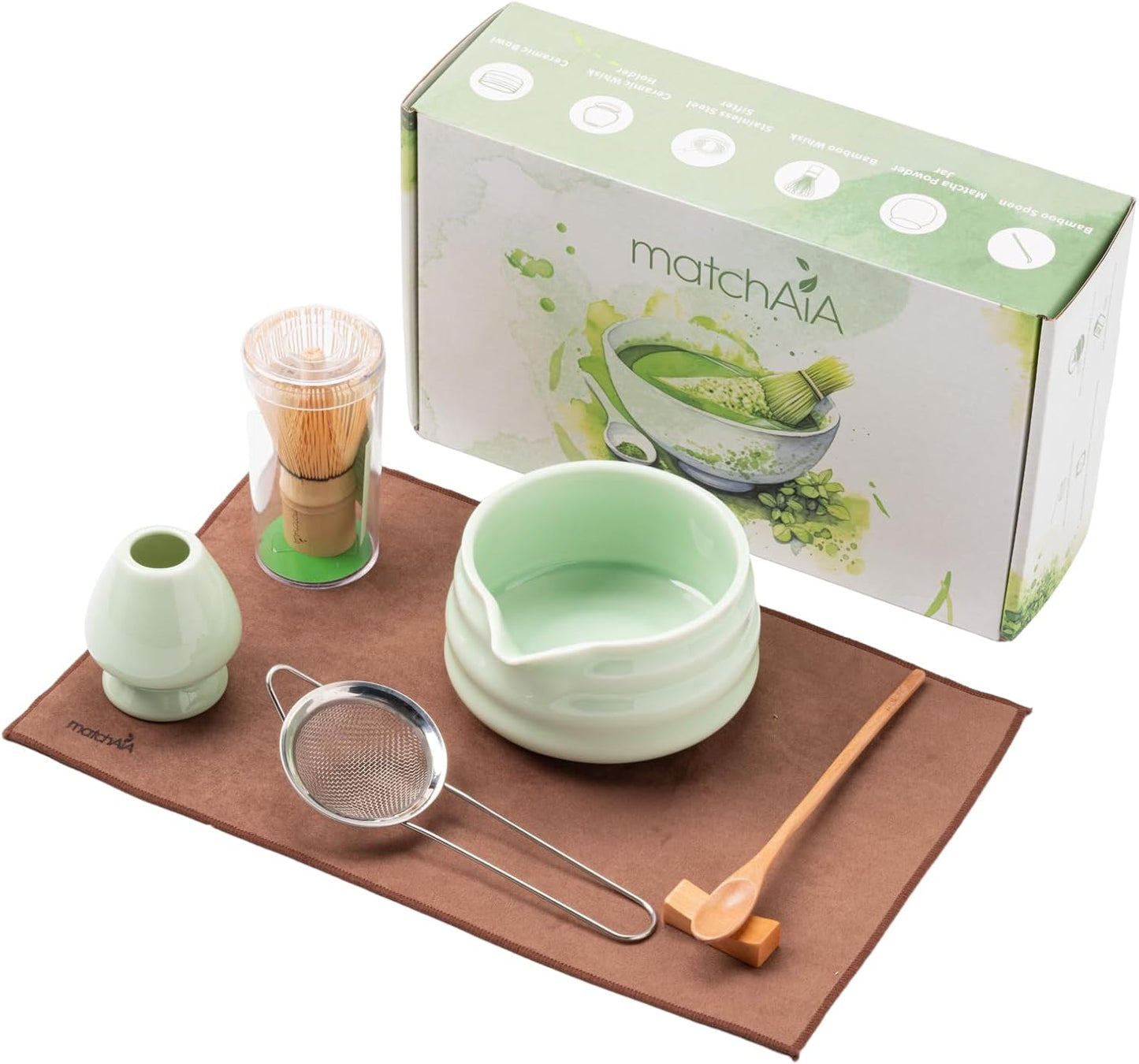 7 Pcs Matcha Set - Ceramic Bowl, Bamboo Whisk with Holder, Sifter, Schima Spoon, Spoon Rest and Tea Towel, Complete Kit for Traditional Matcha and Modern Lattes (Green)