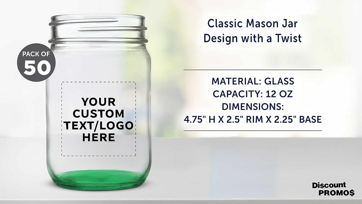 DISCOUNT PROMOS Custom Decorating Mason Jars 12 oz. Set of 50, Personalized Bulk Pack - Glass Jars for Overnight Oats, Candies, Fruits, Pickles, Spices, Beverages - Green
