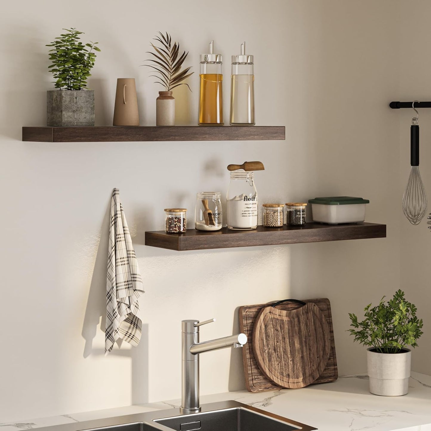 Floating Shelves for Wall, 36" W x 8" D x 1.5" H, Wooden Wall Mounted Display Shelves with Invisible Brackets for Living Room, Bedroom, Bathroom, Kitchen Decor and Storage, Set of 2, Walnut