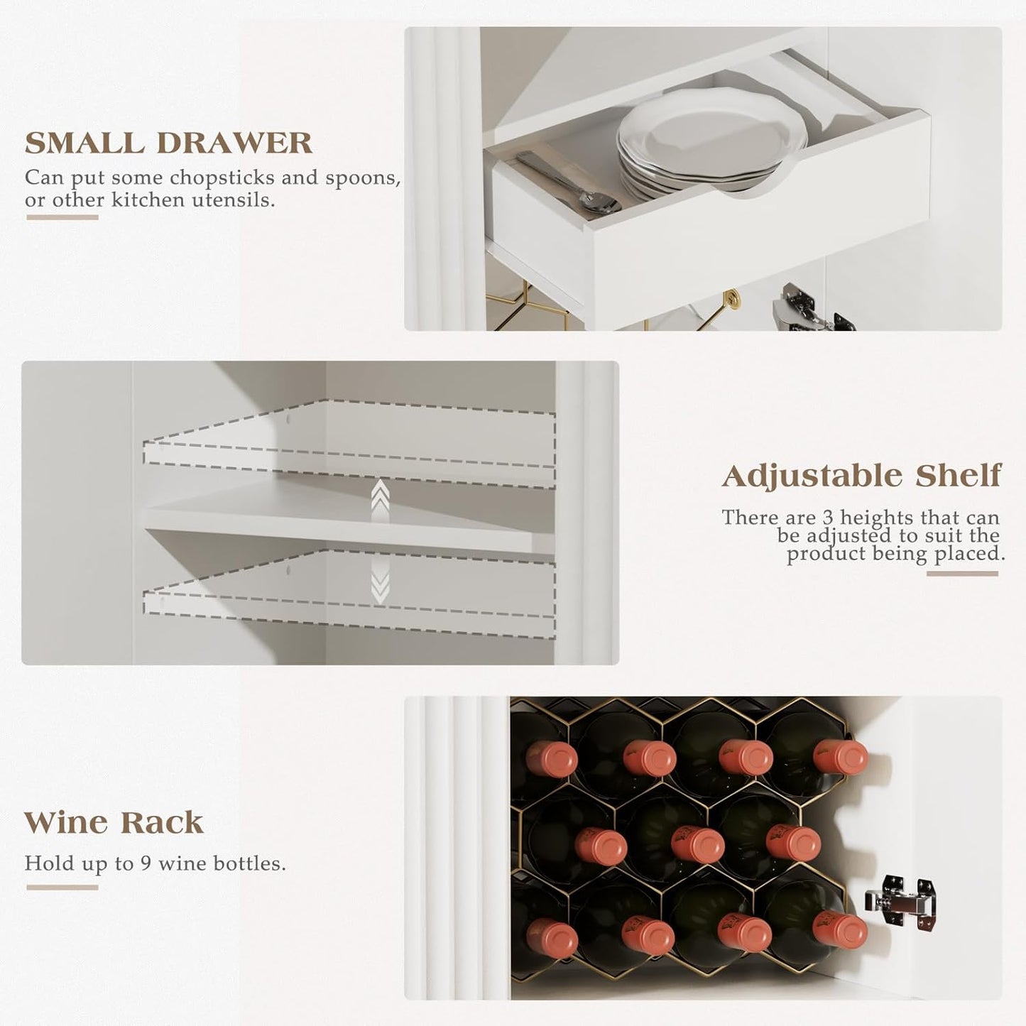 EOYUTLLY Coffee Bar Cabinet with Wine Rack & Glass Holder, Kitchen Sideboard Buffet Cabinet with Storage,Wine Bar Cabinet with Fluted Doors for Living Room Dining Room,White