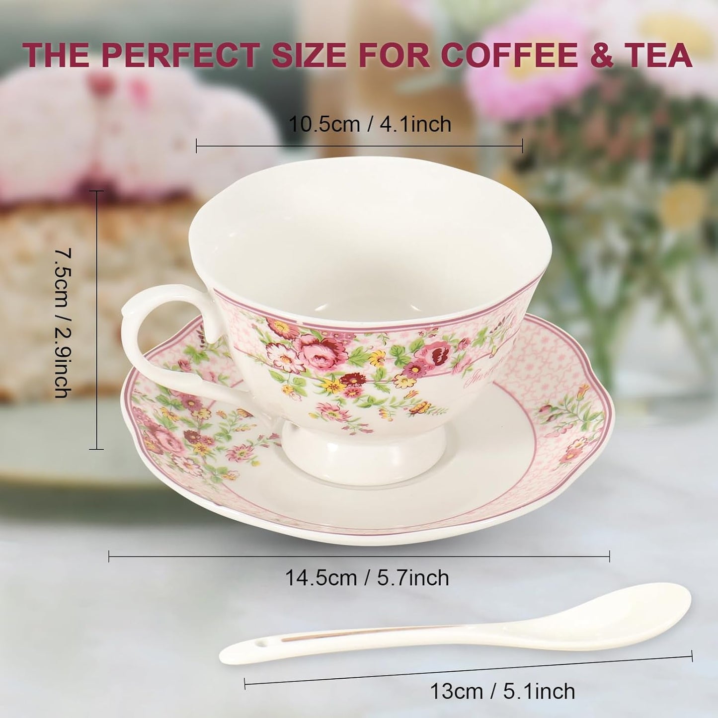 Cup and Saucer Sets of 6 with Spoon, 8oz Ceramic Tea Cups Saucers Set Porcelain New Bone China Floral Vintage Coffee Cup & Saucer Sets -Microwave Dishwasher Safe (Pink)