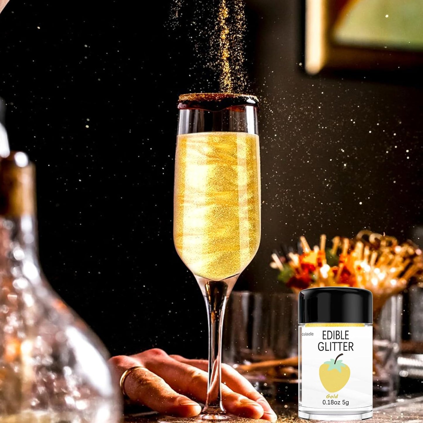 Gold Edible Glitter Glimmer Powder for Cakes Drinks - Colaele 5 grams Food Grade Luster Dust Metallic Food Decorating Sprinkle Disco Brew Dust for Cake Decorations Wine Beverage Candy Dessert, Vegan