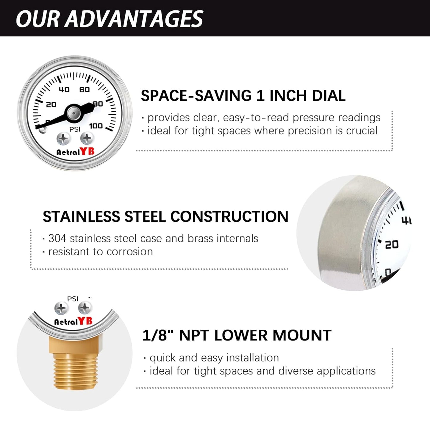 1 Inch Mini Pressure Gauge, 0-100 PSI Gauge, 1/8” NPT Lower Mount, Stainless Steel Case, Brass Internal, ±2.5% Accuracy, Pressure Gauge for Coffee Machines, Air Compressors, and Water Pumps