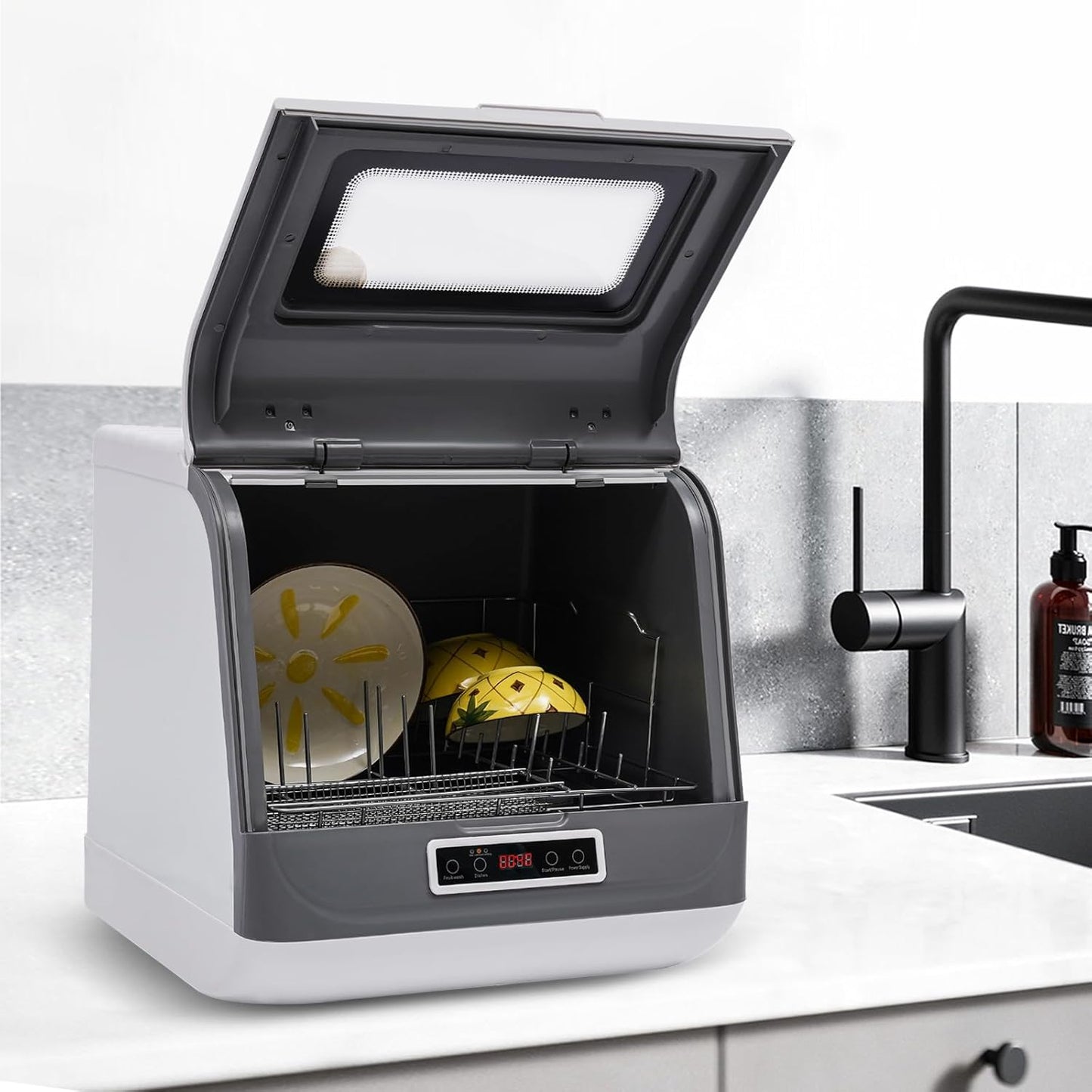 800W Portable Countertop Dishwasher, 110V Automatic Mini Dishwasher Machine with 3 Washing Programs, 360° Rotating Spray Air Drying Function for House Dorm Apartment RV